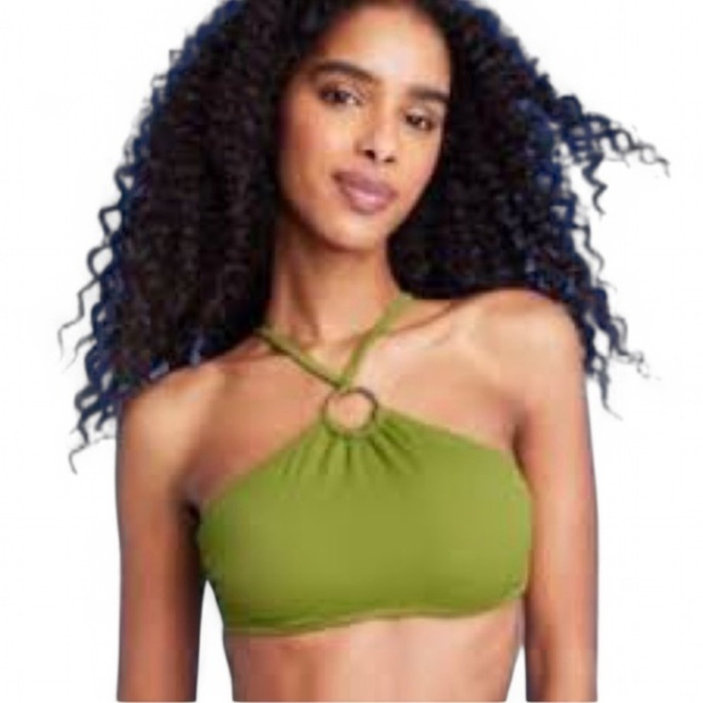 Shade & Shore NWOT Lime Green Bandeau Bikini Top Ring Front Halter Adjustable M